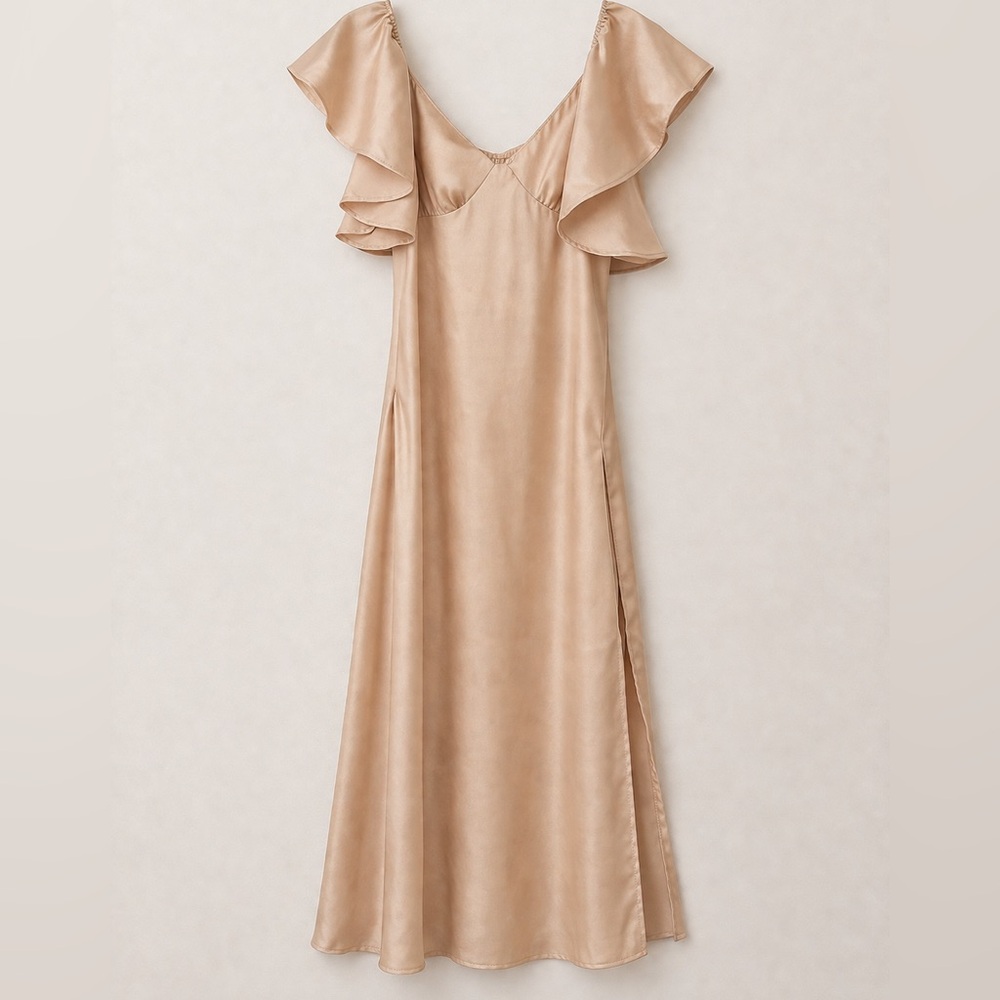 NWT Silky Ruffle Sleeve Midi Slip Dress in Cream